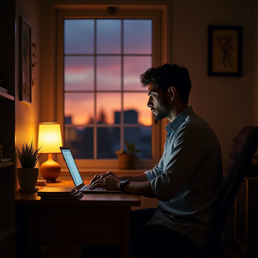 Homeoffice-Arbeitsplatz am Abend, an dem nebenberuflich an einem Gründungsvorhaben gearbeitet wird