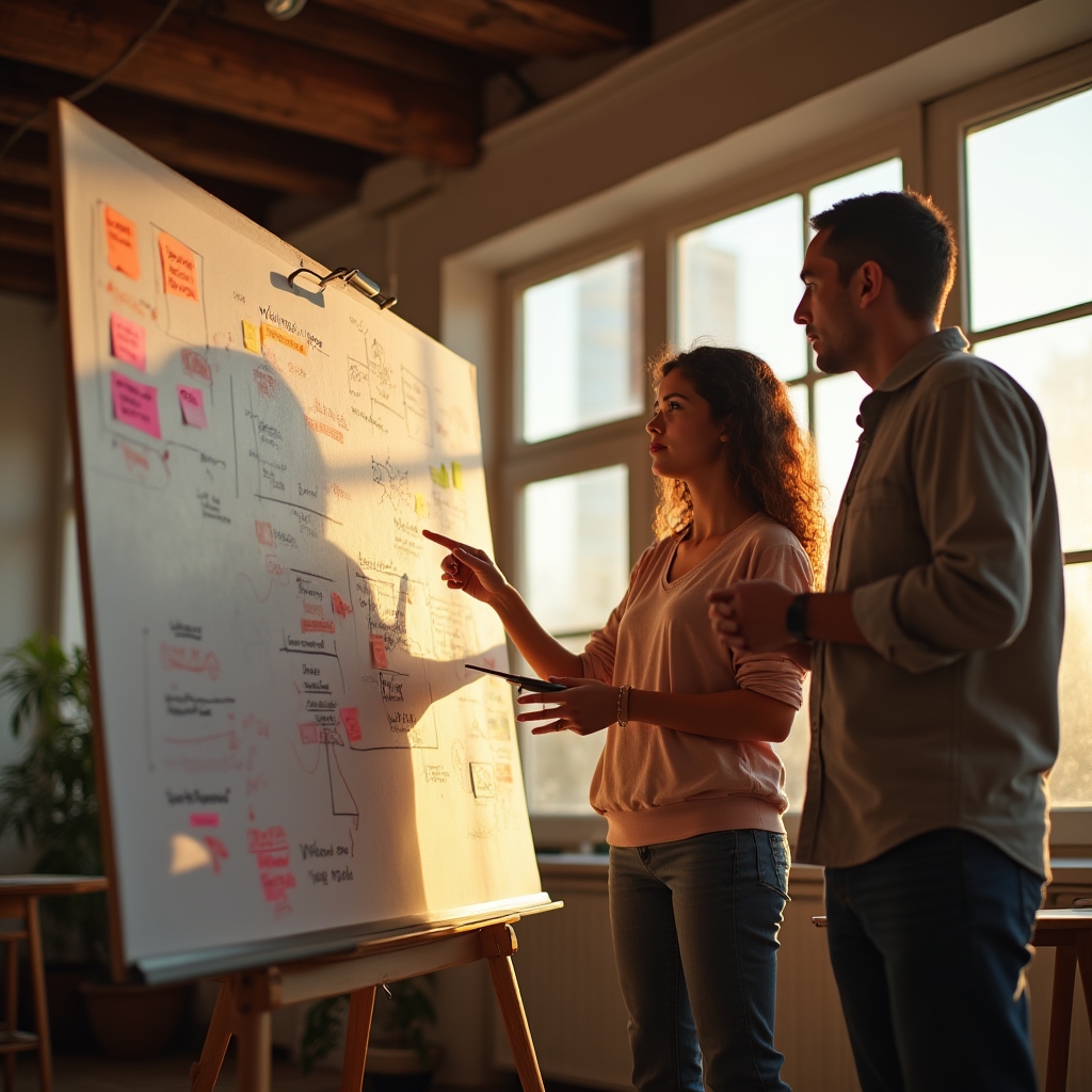 Kleine Gruppe arbeitet an einem Flipchart und ordnet Entscheidungspunkte für den Übergang in die Selbstständigkeit