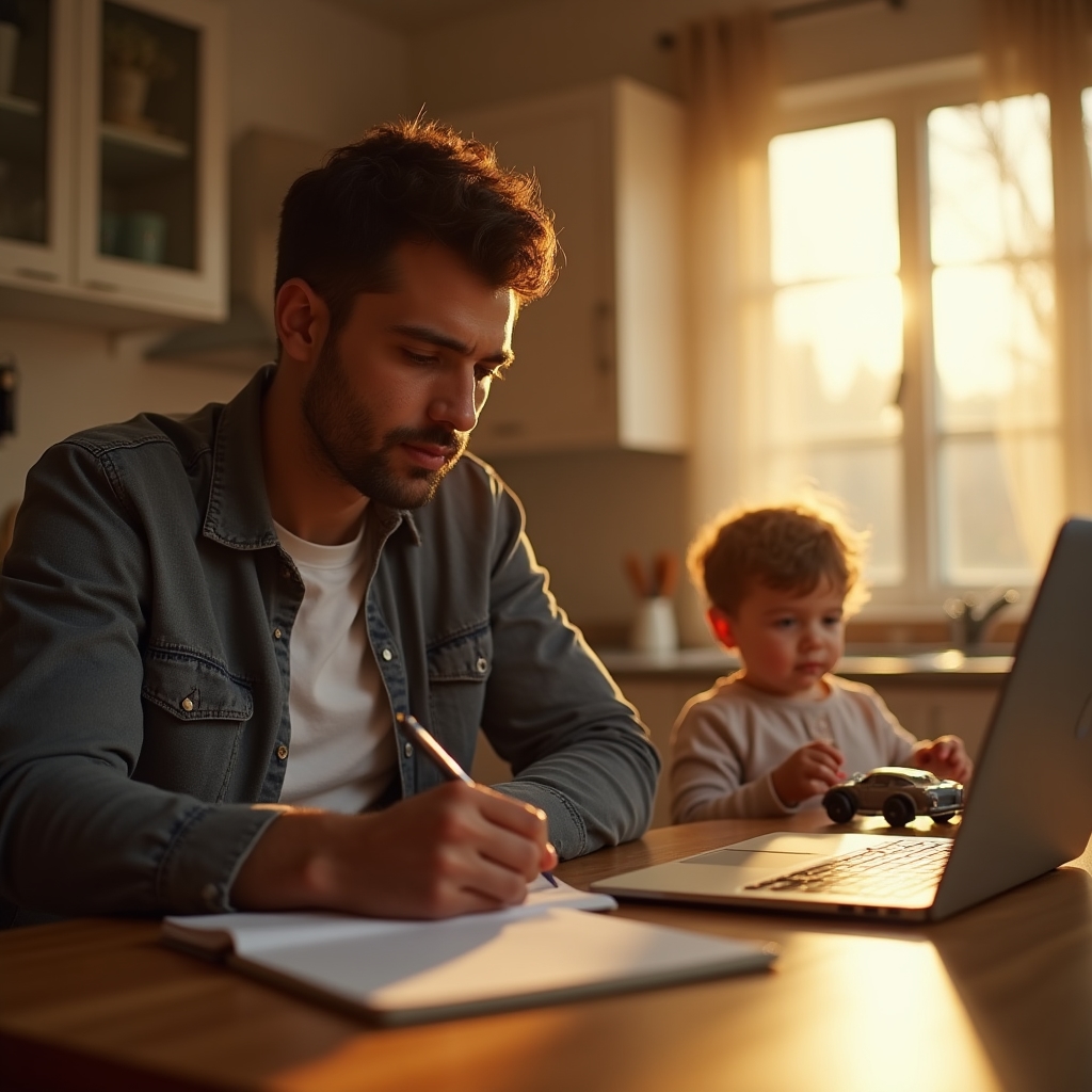 Elternteil plant am Küchentisch mit Laptop und Notizen den beruflichen Neustart nach der Elternzeit