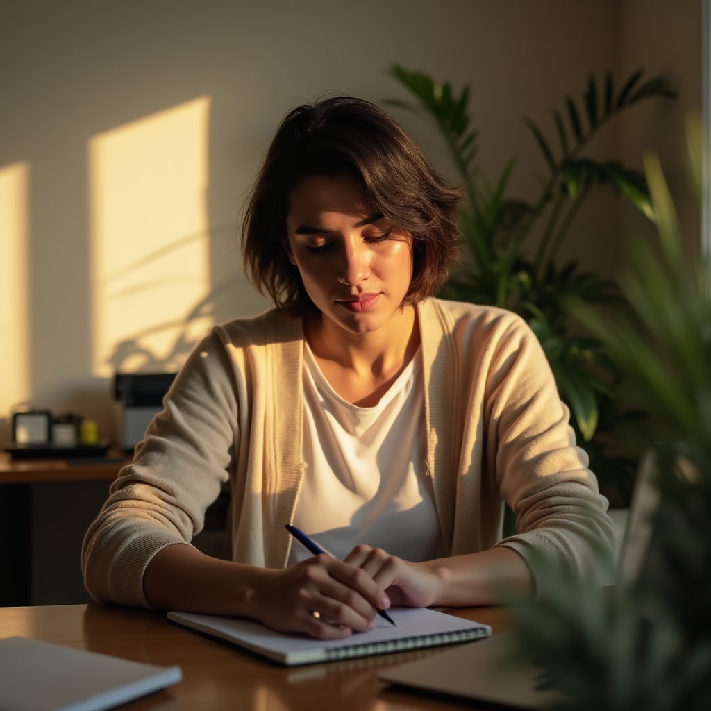 Person arbeitet konzentriert an einem Notebook in einem ruhigen Homeoffice